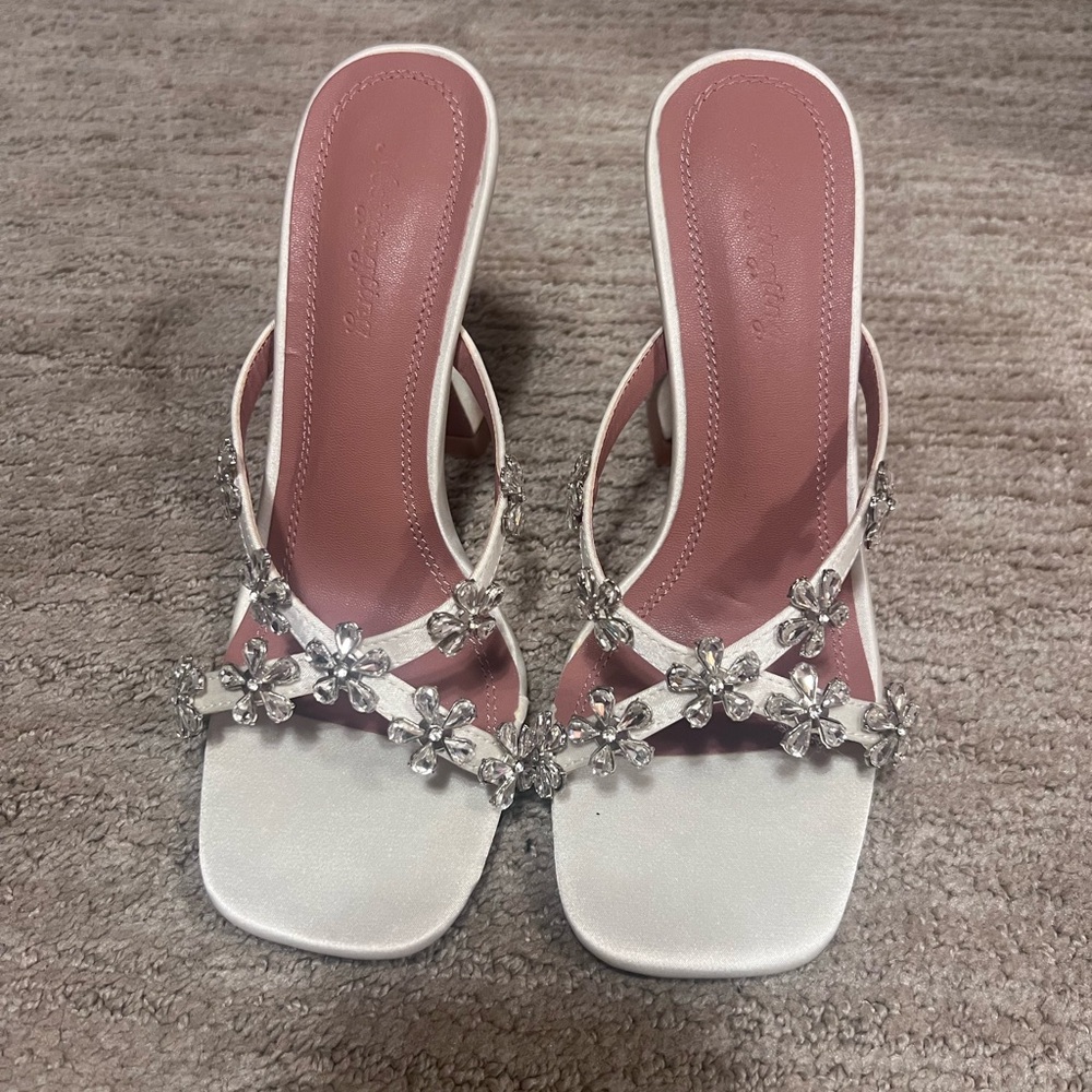 Ivory color heels with rhinestone flowers